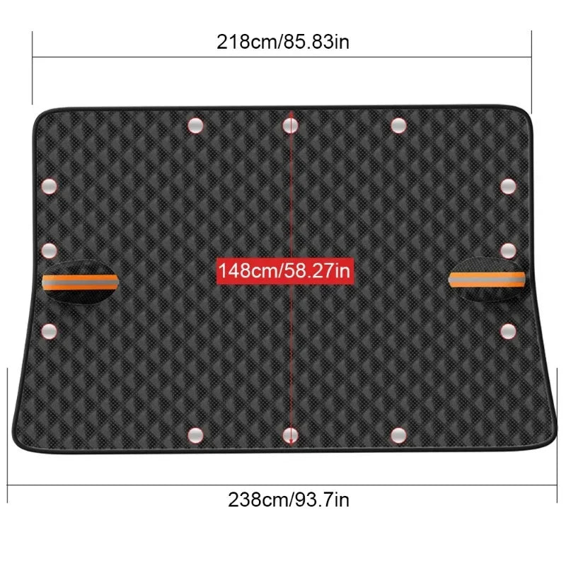 Windshield snow cover size: 86 in top, 94 in bottom, 58 in tall