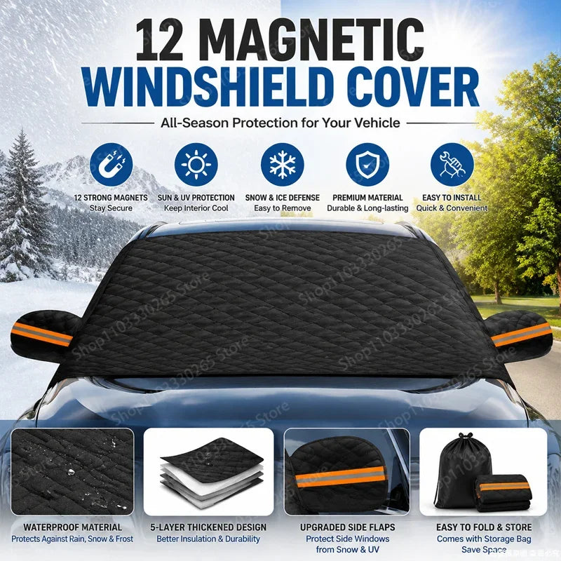 Infographic of the magnetic windshield cover on a car with feature callouts